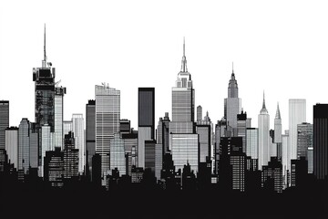 Naklejka premium detailed silhouette of bustling city skyline with distinct architectural features outlined in black