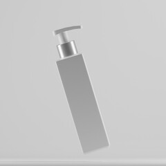A sleek, white cosmetic bottle with a silver pump dispenser. The bottle is standing upright on a plain, white background, creating a clean and minimalist aesthetic. The label is blank, 