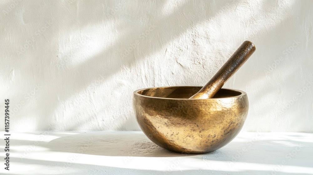 Aufkleber minimalist bronze mortar and pestle on a light background with soft shadows enhancing the elegant de