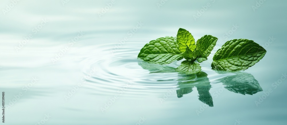 Poster mint leaves floating on calm water surface with copy space for text ideal for freshness and nature t