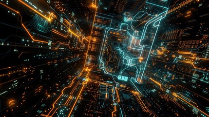 An abstract portrayal of a supercomputer's interior, with intricate wiring and glowing circuit boards in a dark setting