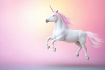Obraz premium White unicorn leaps gracefully against a pastel colored background at sunset