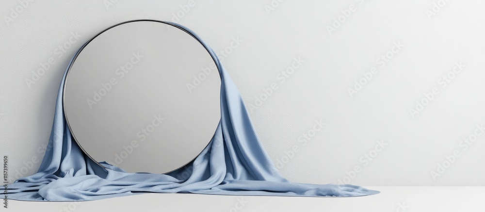 Poster elegant round mirror draped with blue fabric on a clean white background creating a serene minimalis