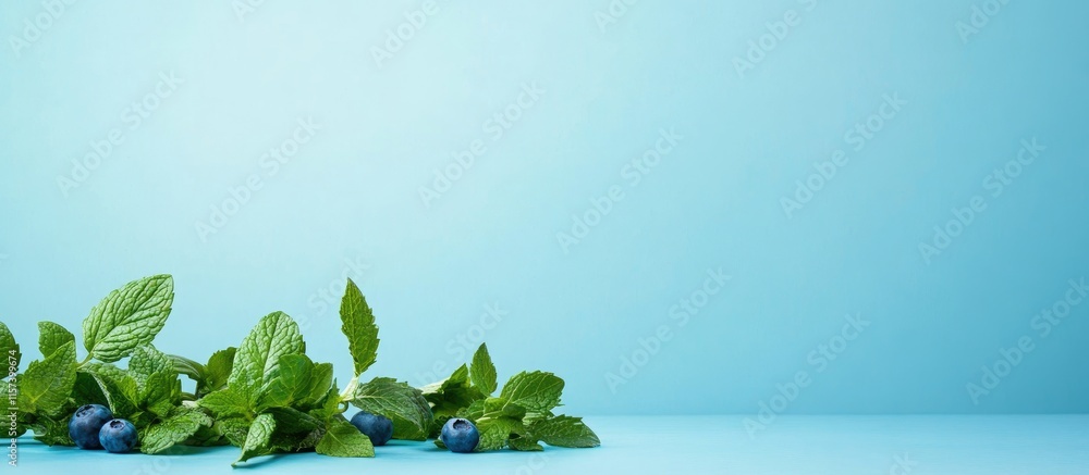 Poster fresh mint and blueberries arranged on a soft blue background creating space for text design element