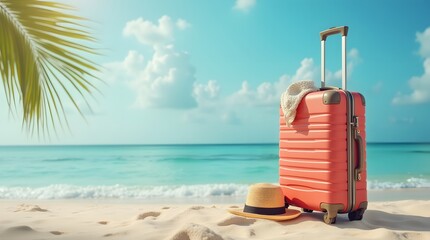 Suitcase and accessories for travel vacation on the sand