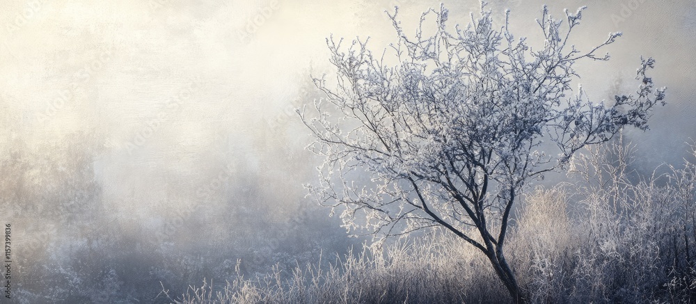 Poster serene frosty landscape with barren tree and soft mist creating tranquil atmosphere for text backgro