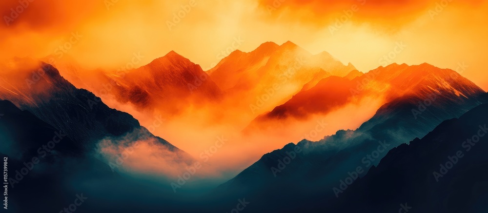 Poster mysterious fog envelops dark mountains illuminated in orange hues with ample space for text overlay 