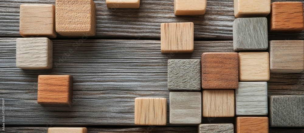 Poster wooden building blocks arranged creatively on a rustic wooden surface with blank space for custom te