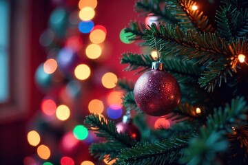 Fototapeta premium Glittering rainbow hues surrounding a Christmas tree, ornaments, holiday decor, garland