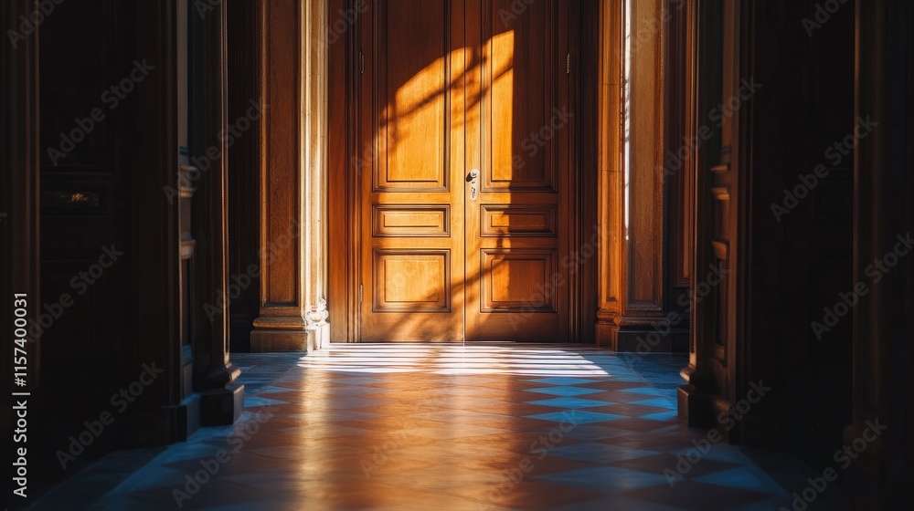Poster majestic open wooden door casting intriguing light and shadow patterns on elegant floor tiles
