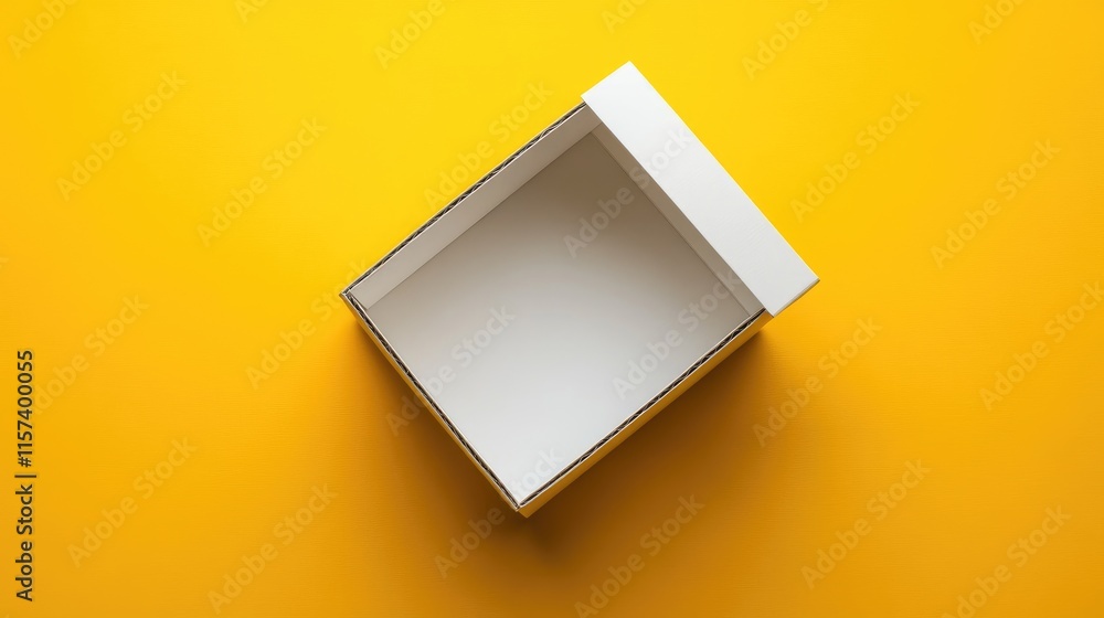 Poster minimalistic open white box on vibrant yellow background creating a sense of emptiness and potential