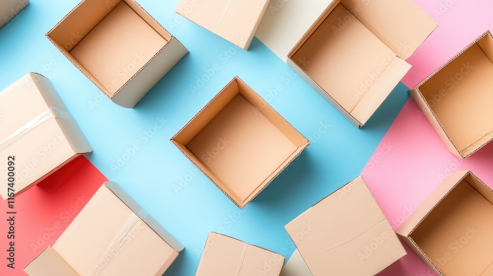 Poster colorful arrangement of open cardboard boxes on a vibrant background in pop art style emphasizing cr