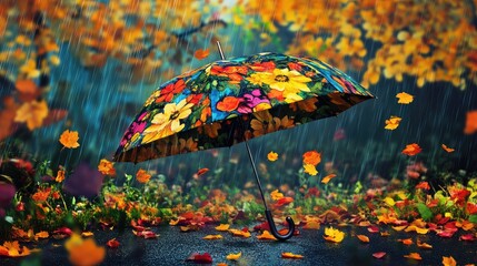 Colorful umbrella amidst falling leaves and flowers on wet asphalt in a dreamy, vibrant autumn landscape with gentle rain.