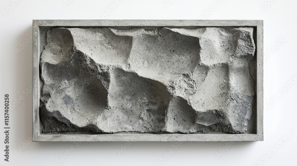 Poster a textured gray artwork featuring abstract, irregular shapes set in a rectangular frame, showcasing 