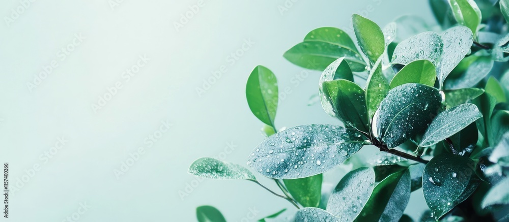 Poster lush green leaves with water droplets showcasing natural hydration and blank space for text on a sof