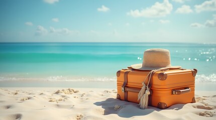 Suitcase and accessories for travel vacation on the sand