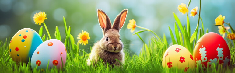 Obraz premium Easter bunny and Easter eggs on green grass