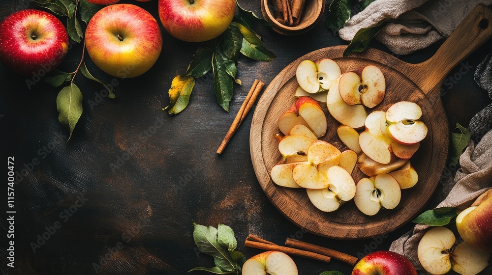 Poster homemade apple galette preparation with fresh sliced apples and cinnamon on a rustic wooden surface 
