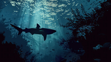 Obraz premium A dramatic underwater scene of a shark's silhouette emerging from shadows amidst towering coral formations
