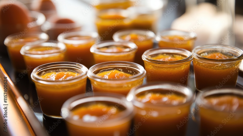 Poster homemade apricot jam in small jars beautifully arranged for serving at a rustic culinary event or pa