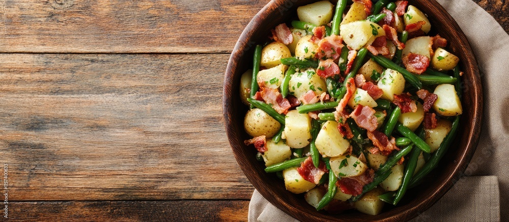 Poster refreshing green bean and potato salad with crispy bacon on rustic wooden table with space for text 
