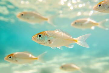 school of fish gracefully swimming in clear water background slightly blurred creating soft and dreamy effect fish