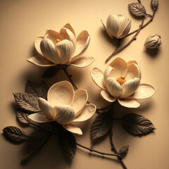 Vintage seamless illustration of blooming magnolia flowers and leaves in detailed line art. Hand-drawn in sepia tones on a beige background, perfect for botanical and floral designs.
