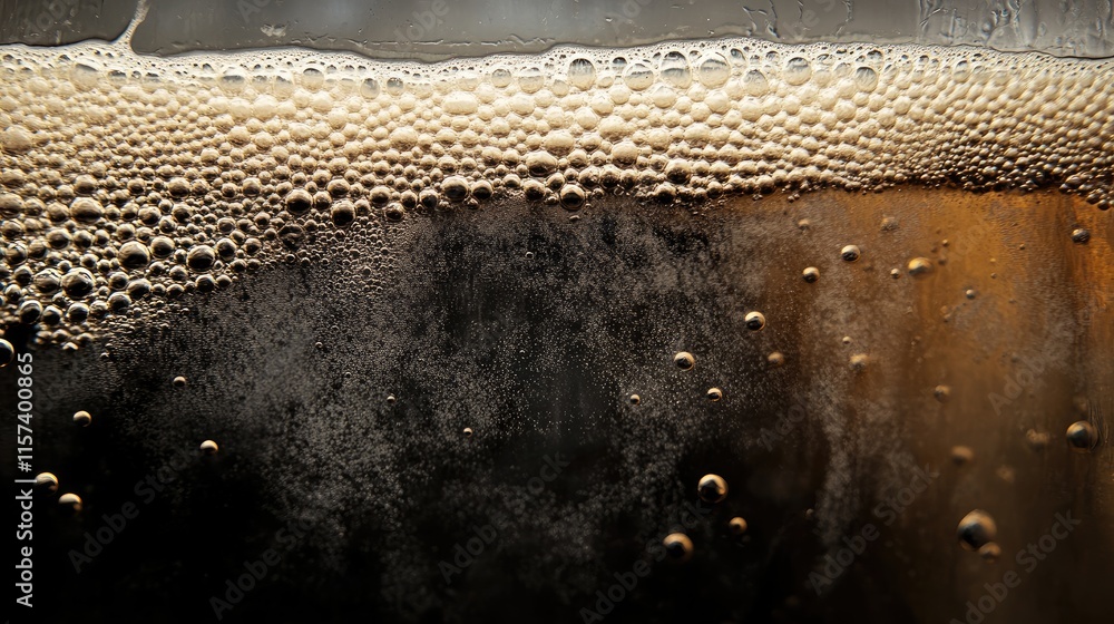 Poster homemade dark beer with frothy bubbles creating a textured backdrop on a deep gray surface