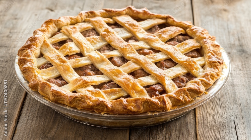 Poster homemade beef pie with lattice pastry crust on rustic wooden table background