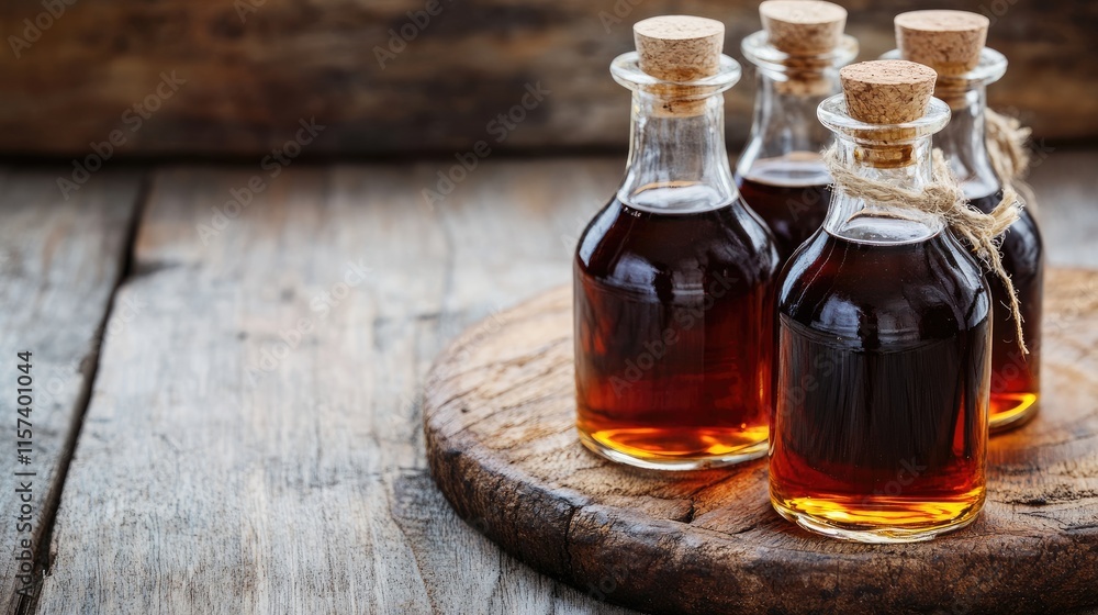 Poster homemade bourbon vanilla extract in glass bottles on rustic wooden surface with ample copy space for