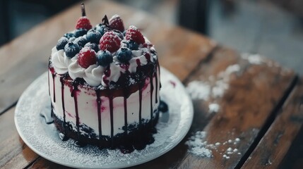 Blueberry cake topped with fresh berries and cream on a rustic wooden table perfect for dessert-themed photography or culinary presentation.