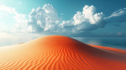 Naklejka premium Vibrant orange sand dune meets tranquil ocean under a cloudy sky.