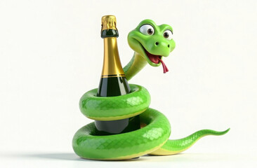 Cartoon snake tempter wrapped around a bottle of champagne