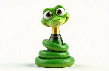 Cartoon cute snake tempter wrapped around a bottle of champagne. Alcohol