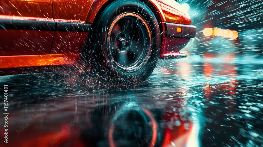 Poster a dynamic close-up of a car tire splashing through rain on a reflective surface, showcasing vibrant 