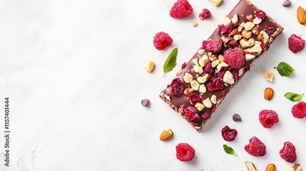 Poster homemade chocolate caramel nut candy bar with freeze dried raspberry top view on white background wi