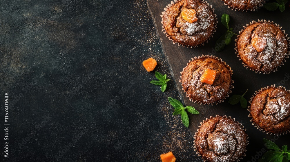 Poster homemade carrot muffins in rustic setting on dark background healthy eating concept with copy space 