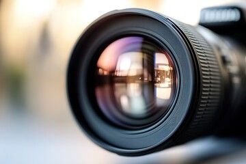 close-up of professional camera lens reflecting soft light with blurred neutral studio backdrop