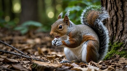 Fototapeta premium Close-Up of Squirrel Ready to Defend Its Food in Wooded Area