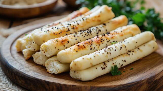 Homemade cheese sticks made with mozzarella and cottage cheese seasoned with spices on a rustic wooden plate. Traditional dish strukli.