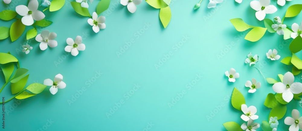 Poster vibrant turquoise background adorned with paper flowers and leaves providing ample empty space for t