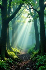 Misty forest glade with fog swirling around ancient trees, greenery, wild