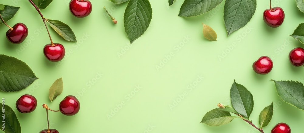 Poster fresh cherries and green leaves on a light green background ideal for spring design projects featuri