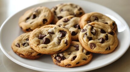Naklejka premium Freshly baked chocolate chip cookies arranged on a white plate perfect for dessert or baking themed content