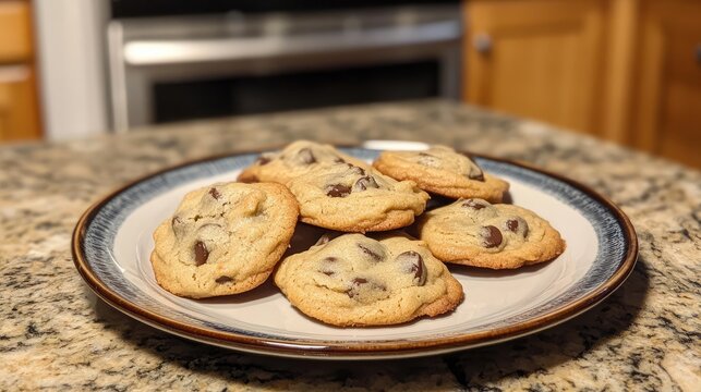 Freshly baked chocolate chip cookies on a vintage plate in a cozy kitchen setting highlighting homemade deliciousness and rustic charm.