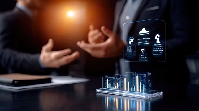 Business continuity management Business meeting with holographic data visualization and analytics display.