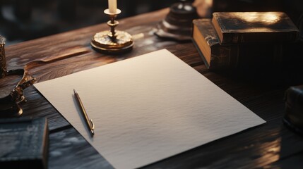 Elegant workspace with blank paper, sharpened pencil, candlelight, and vintage books creating a cozy writing atmosphere at a wooden table.