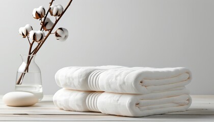 Fototapeta na wymiar Luxurious White Cotton Towels on a Soft Surface with Cotton Stems in a Minimalist Bathroom Setting