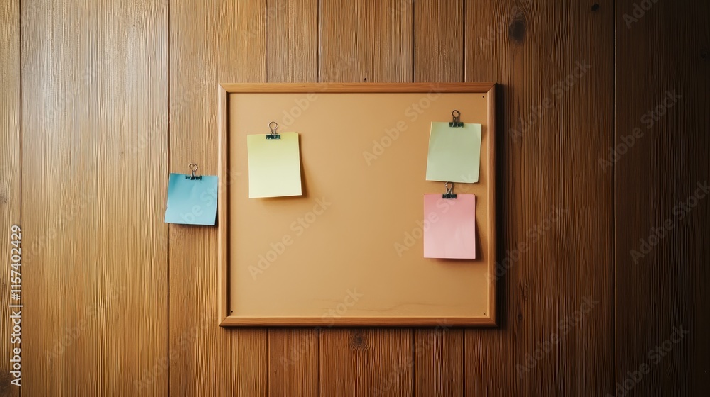 Poster empty bulletin board with colorful sticky notes showcasing the potential for messages and announceme