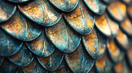 A close-up of metallic scales, featuring a blend of blue and bronze hues, showcasing intricate textures and patterns.